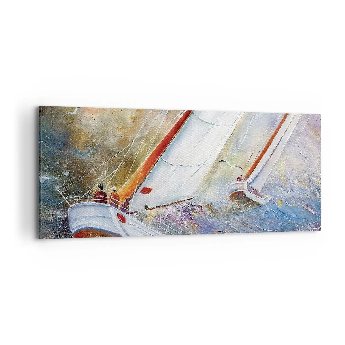 Impression sur toile - Image sur toile - Voiliers sur des vagues agitées dans une composition dynamique - 120x50cm - Concourir sur les vagues - Décoration murale moderne pour le salon et la chambre ARTTOR