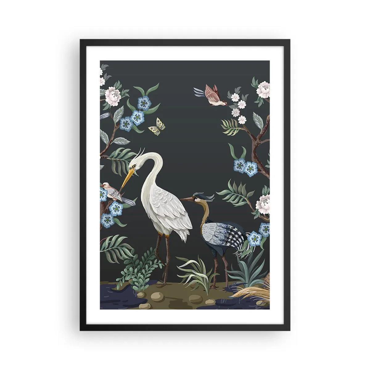 Affiche dans un cadre noir - Poster - Illustration d'oiseaux parmi des fleurs sur fond sombre - 50x70cm - Parade d'oiseaux - Décoration murale moderne pour le salon et la chambre ARTTOR