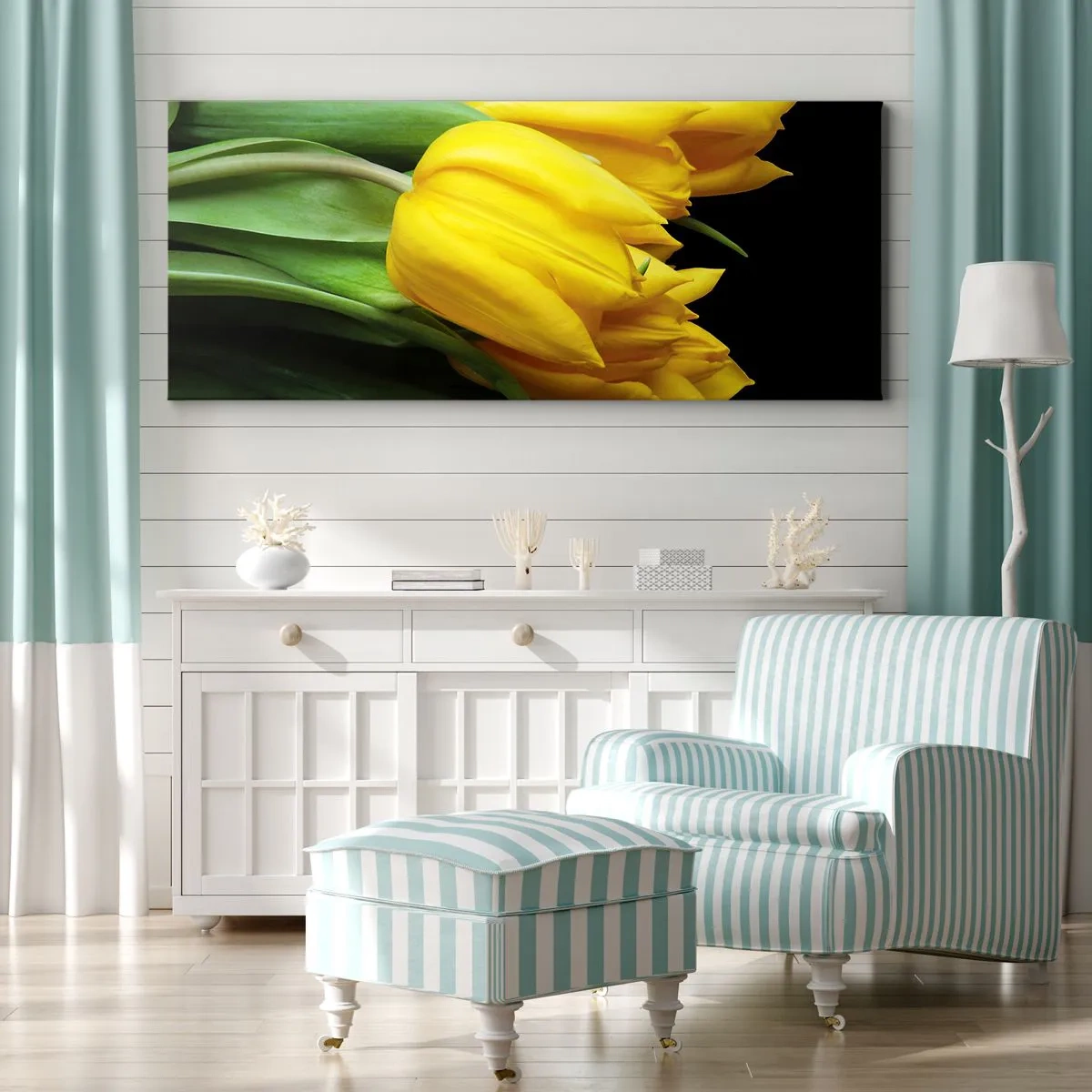 Impression sur toile - Image sur toile - Un bouquet de tulipes jaunes sur fond noir - 140x50cm - Lever de soleil pur - Décoration murale moderne pour le salon et la chambre ARTTOR