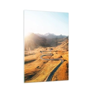 Impression sur verre - Image sur verre - Une route sinueuse dans les montagnes éclairée par le soleil couchant - 70x100cm - Dans une vallée dorée - Décoration murale moderne pour le salon et la chambre ARTTOR