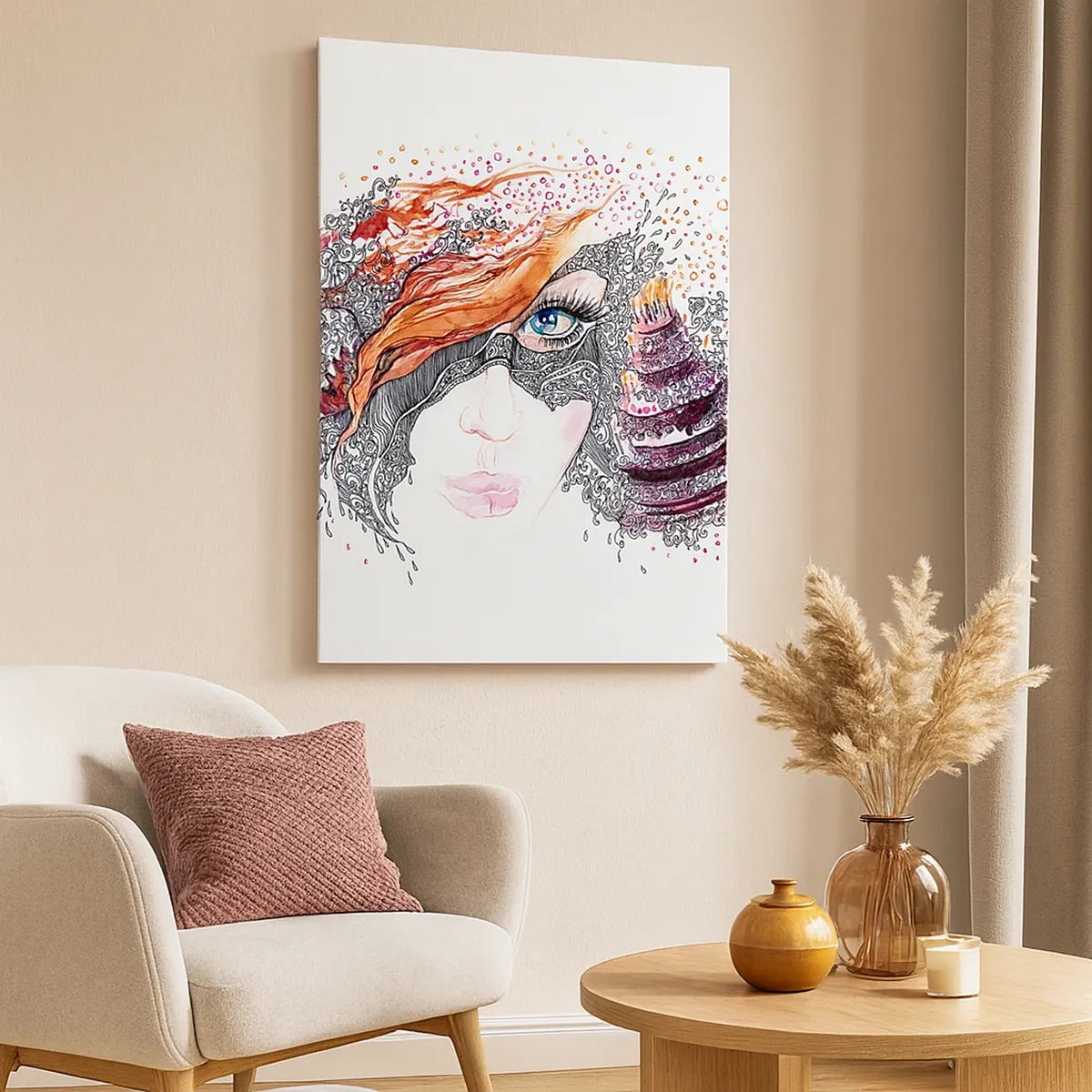 Impression sur toile - Image sur toile - Portrait artistique d'une femme avec des détails et un accent rouge - 50x70cm - Avec elle, c'est tous les jours la fête - Décoration murale moderne pour le salon et la chambre ARTTOR