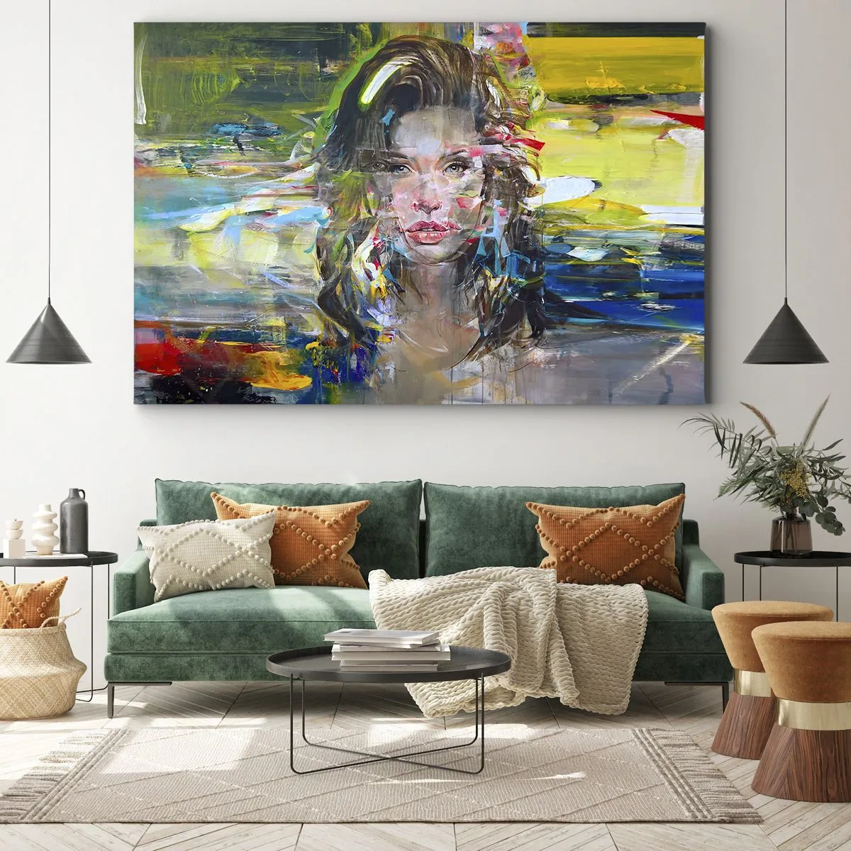 Impression sur toile - Image sur toile - Portrait abstrait d'une femme aux couleurs intenses - 120x80cm - Derrière l'air, un rideau - Décoration murale moderne pour le salon et la chambre ARTTOR