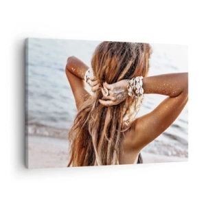 Impression sur toile - Image sur toile - Une femme sur la plage avec ses cheveux flottant au soleil - 70x50cm - La soeur de l'eau et du soleil - Décoration murale moderne pour le salon et la chambre ARTTOR