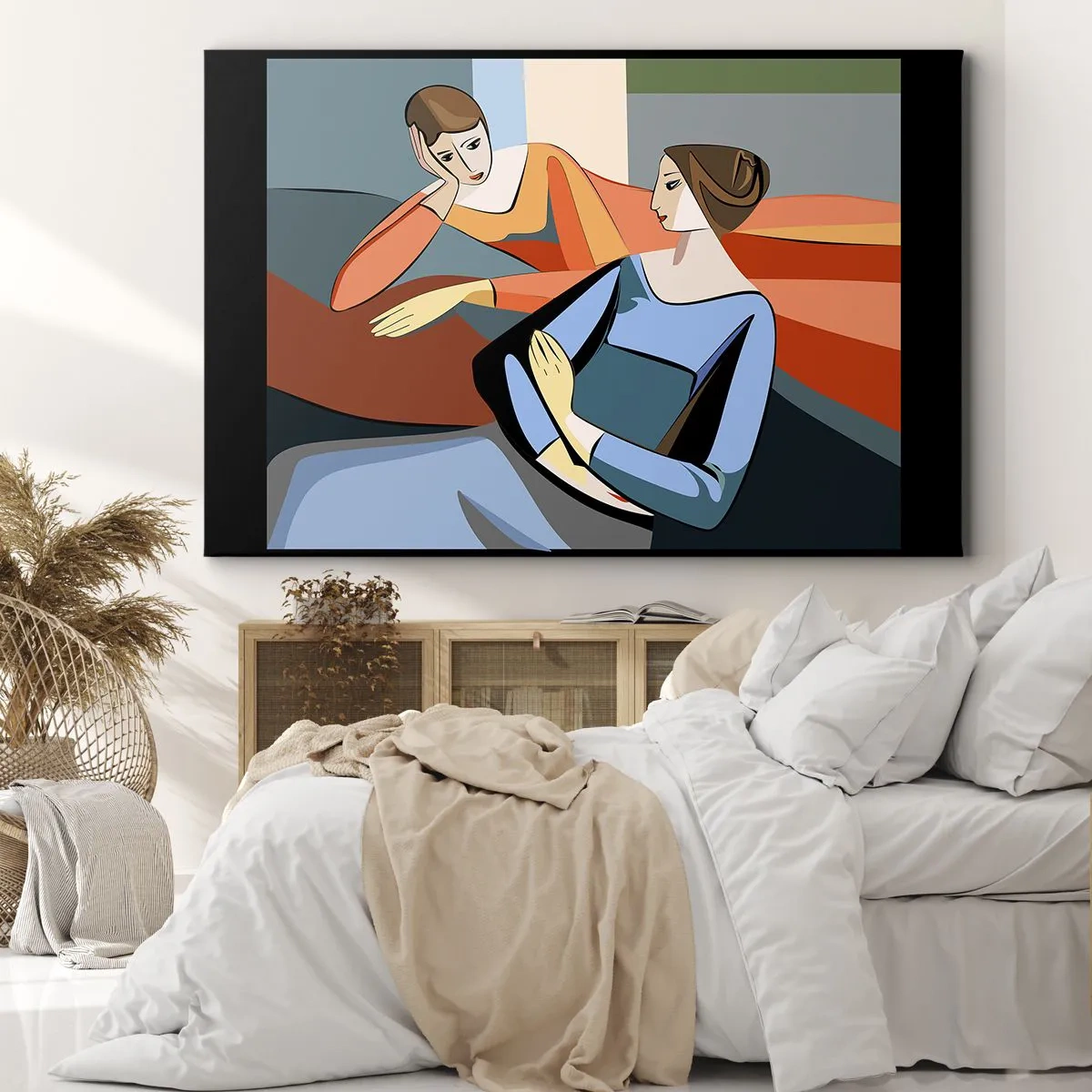 Impression sur toile - Image sur toile - Illustration abstraite de deux femmes dans le style cubiste - 120x80cm - Un moment de confiance - Décoration murale moderne pour le salon et la chambre ARTTOR