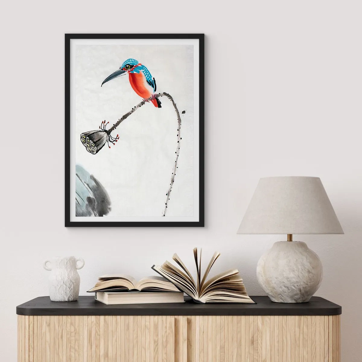 Affiche dans un cadre noir - Poster - Martin-pêcheur coloré sur une branche dans un style aquarelle - 50x70cm - La vie du champ - Décoration murale moderne pour le salon et la chambre ARTTOR