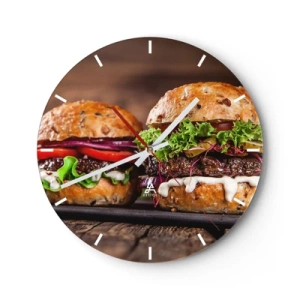 Horloge murale - Pendule murale - Burgers appétissants sur fond de bois - 30x30cm - American dream - Décoration murale moderne pour le salon, la cuisine et la chambre ARTTOR
