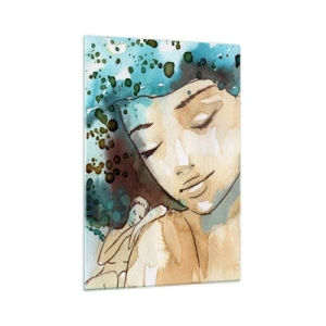 Impression sur verre - Image sur verre - Portrait d'une femme aux couleurs délicates de l'aquarelle - 70x100cm - Lady in blue - Décoration murale moderne pour le salon et la chambre ARTTOR
