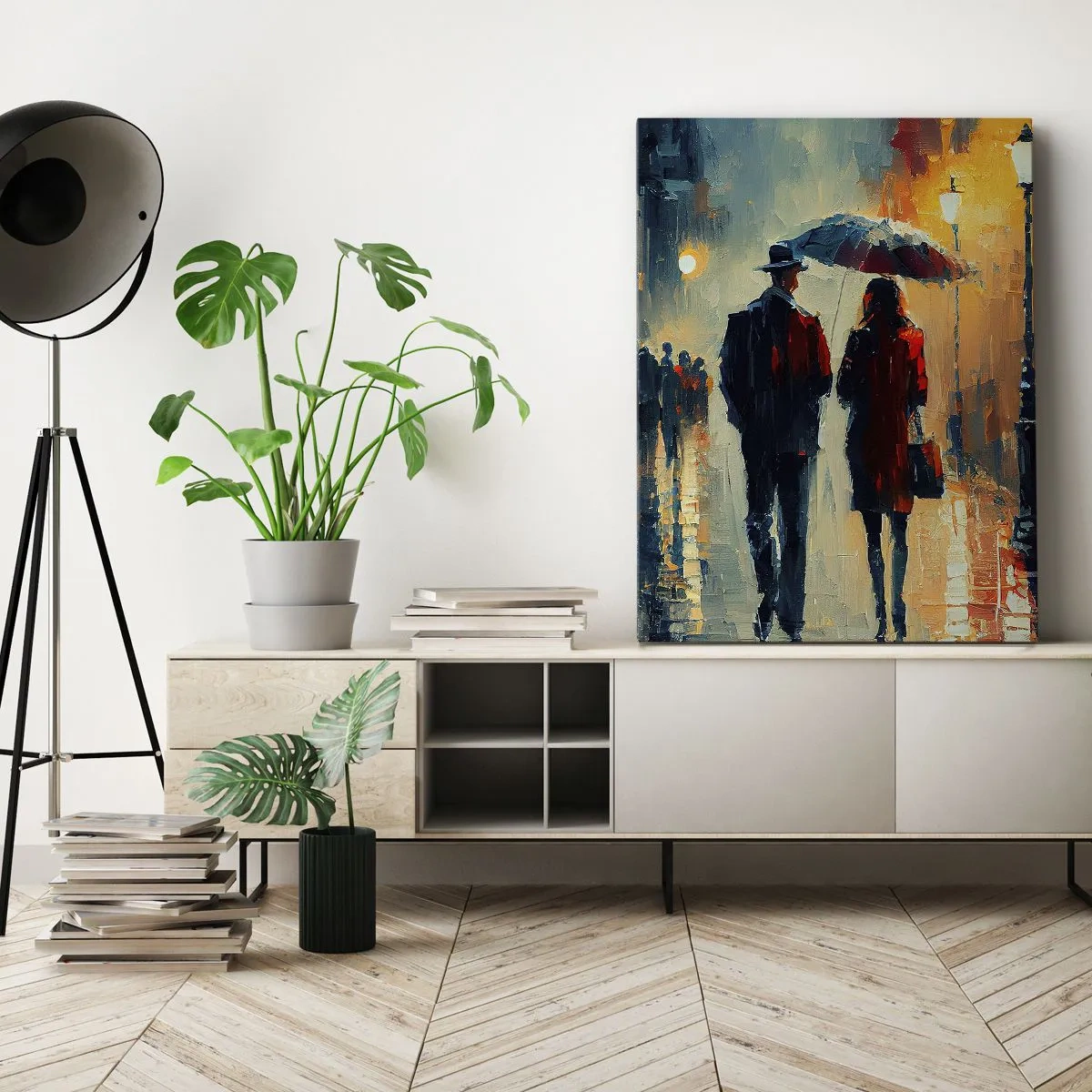 Impression sur toile - Image sur toile - Marcher sous la pluie sous un parapluie en ville la nuit - 50x70cm - Histoire d'amour urbaine - Décoration murale moderne pour le salon et la chambre ARTTOR