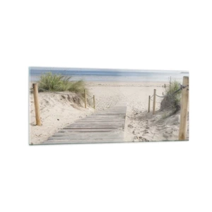 Impression sur verre - Image sur verre - Un chemin de planches menant à une plage de sable - 120x50cm - A l'horizon - Décoration murale moderne pour le salon et la chambre ARTTOR
