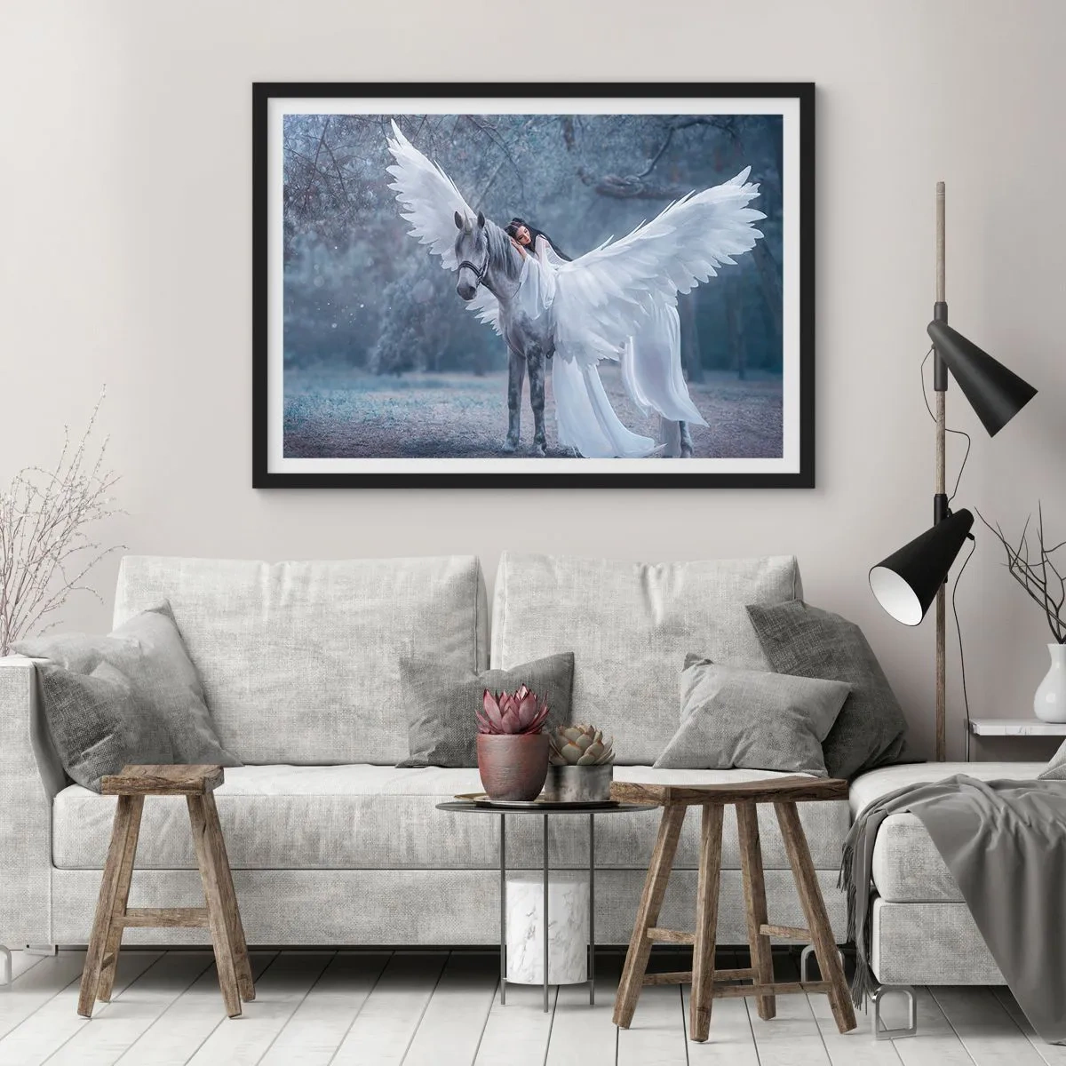 Affiche dans un cadre noir - Poster - Une femme sur un cheval blanc avec des ailes dans une forêt magique - 100x70cm - Un moment inspiré - Décoration murale moderne pour le salon et la chambre ARTTOR