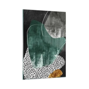 Impression sur verre - Image sur verre - Composition abstraite avec des formes vertes et des motifs à pois - 70x100cm - Abstraction colorée avec feuille d'or - Décoration murale moderne pour le salon et la chambre ARTTOR