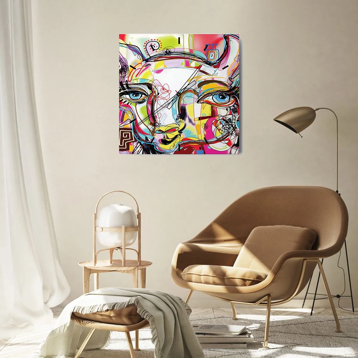 Horloge murale - Pendule murale - Portrait coloré dans un style artistique abstrait - 30x30cm - La richesse de l'Art du chat - Décoration murale moderne pour le salon et la chambre ARTTOR