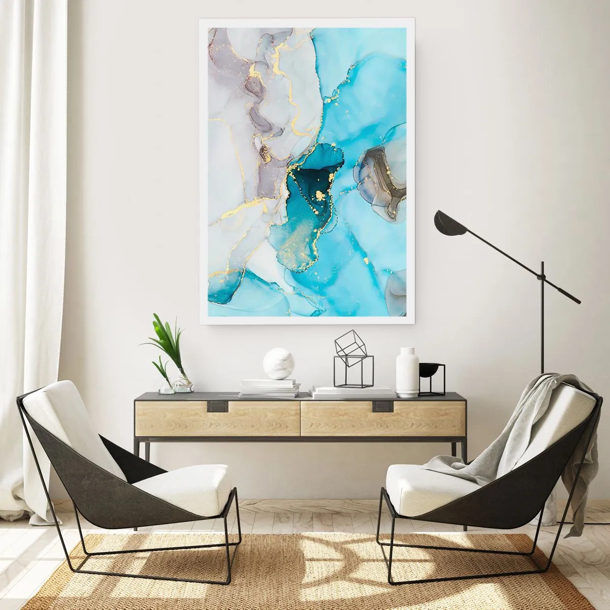 Affiche - Poster - Une composition abstraite dans des tons de bleu avec de délicats accents dorés. - 50x70cm - Etude de la rencontre gris et turquoise - Décoration murale moderne pour le salon et la chambre ARTTOR
