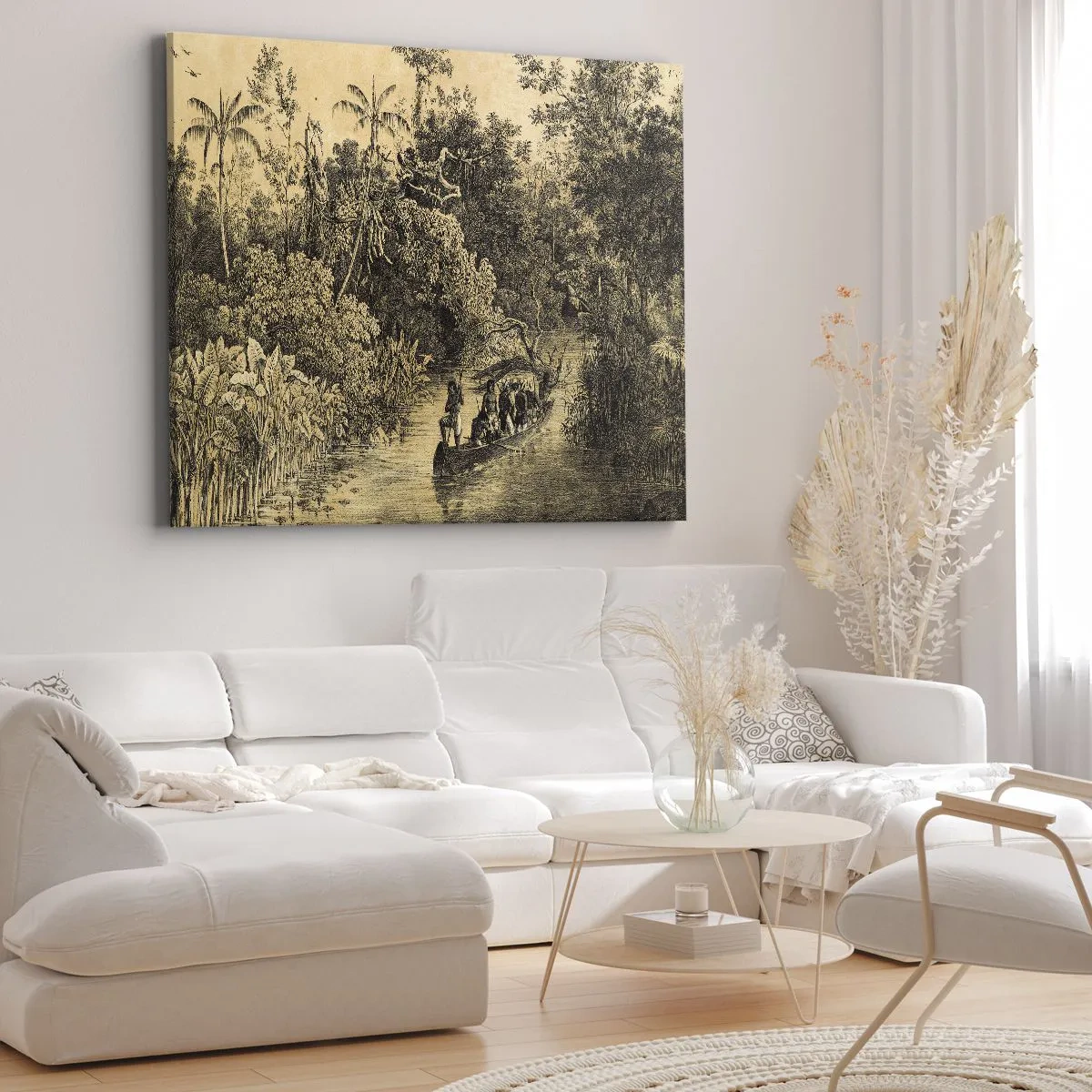 Impression sur toile - Image sur toile - Dessin d'une jungle avec un bateau sur une rivière - 120x80cm - Expédition à la source - Décoration murale moderne pour le salon et la chambre ARTTOR