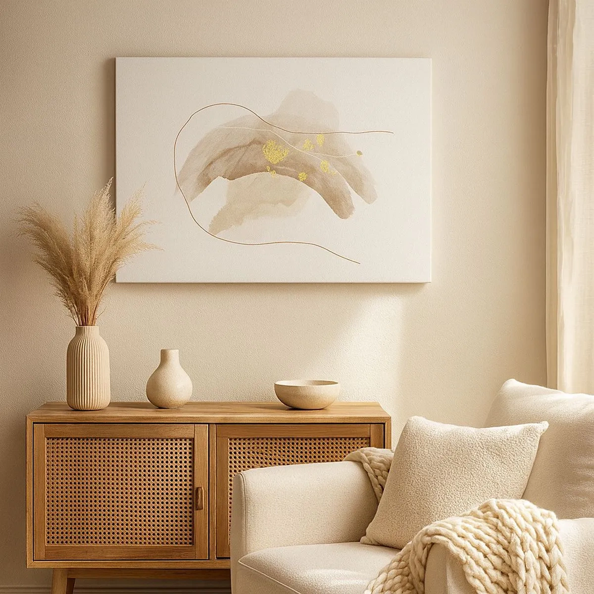 Impression sur toile - Image sur toile - Une composition abstraite dans les tons beige et or. - 70x50cm - rencontré dans l'espace - Décoration murale moderne pour le salon et la chambre ARTTOR