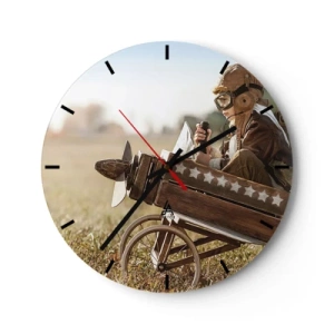 Horloge murale - Pendule murale - Un garçon en costume de pilote dans un avion en bois - 30x30cm - Départ vers un rêve - Décoration murale moderne pour le salon, la cuisine et la chambre ARTTOR
