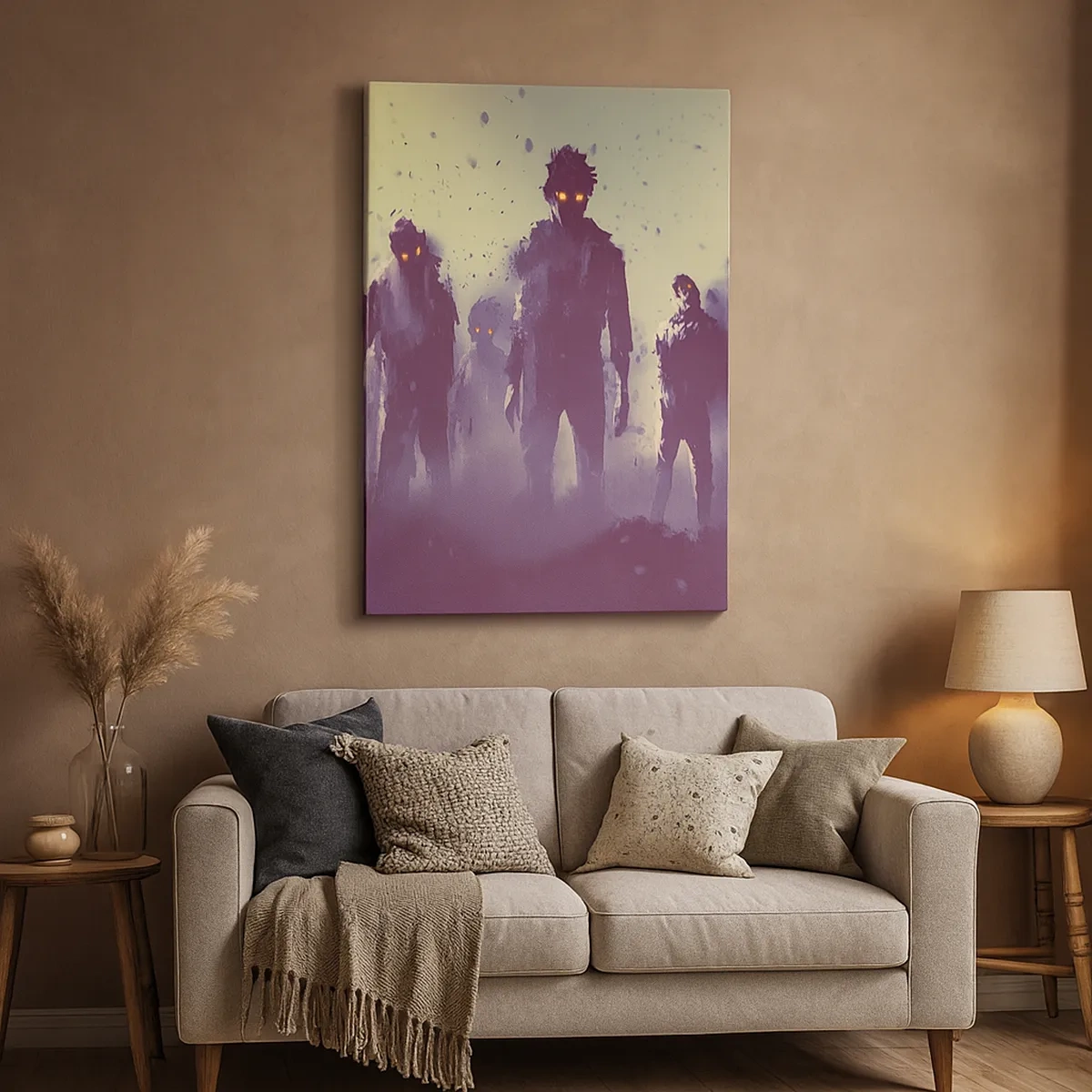 Impression sur toile - Image sur toile - Scène sombre avec des silhouettes aux yeux jaunes - 50x70cm - Fais attention! Ils arrivent - Décoration murale moderne pour le salon et la chambre ARTTOR