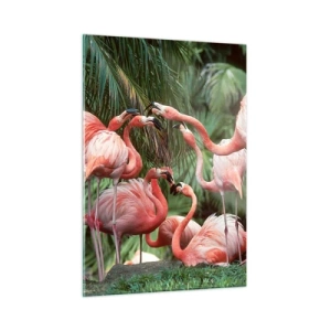 Impression sur verre - Image sur verre - Flamants roses parmi la végétation tropicale aux couleurs vives - 50x70cm - Potins d'après-midi - Décoration murale moderne pour le salon et la chambre ARTTOR