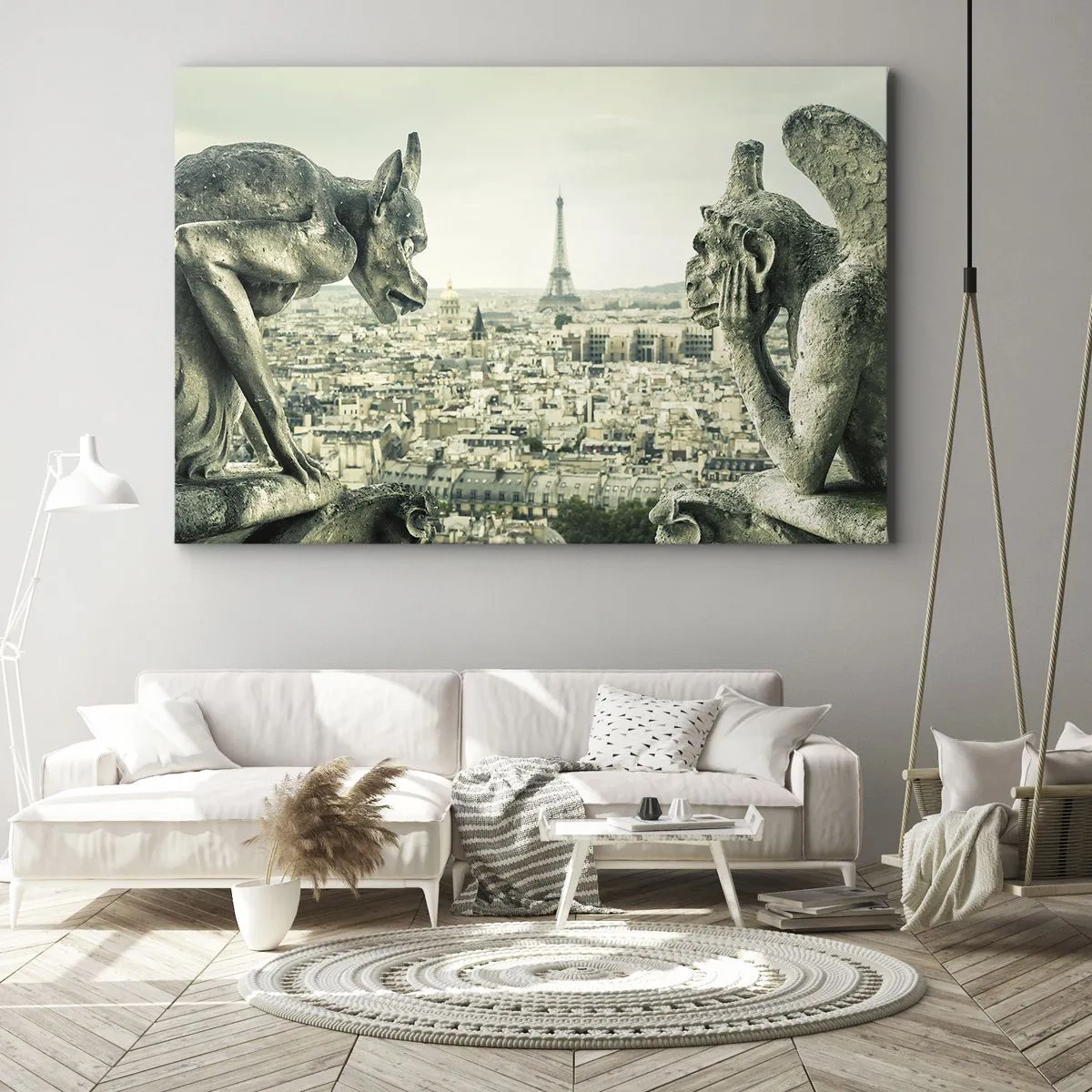 Impression sur toile - Image sur toile - Gargouilles surplombant les toits de Paris et la Tour Eiffel - 100x70cm - Bavardage parisien - Décoration murale moderne pour le salon et la chambre ARTTOR