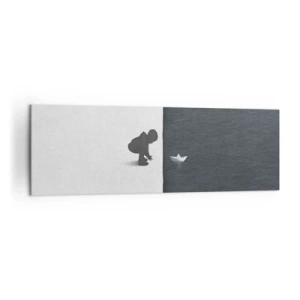 Impression sur toile - Image sur toile - Une figure d'enfant avec un bateau en papier sur un fond de moitiés contrastées - 160x50cm - Grande expédition - Décoration murale moderne pour le salon et la chambre ARTTOR