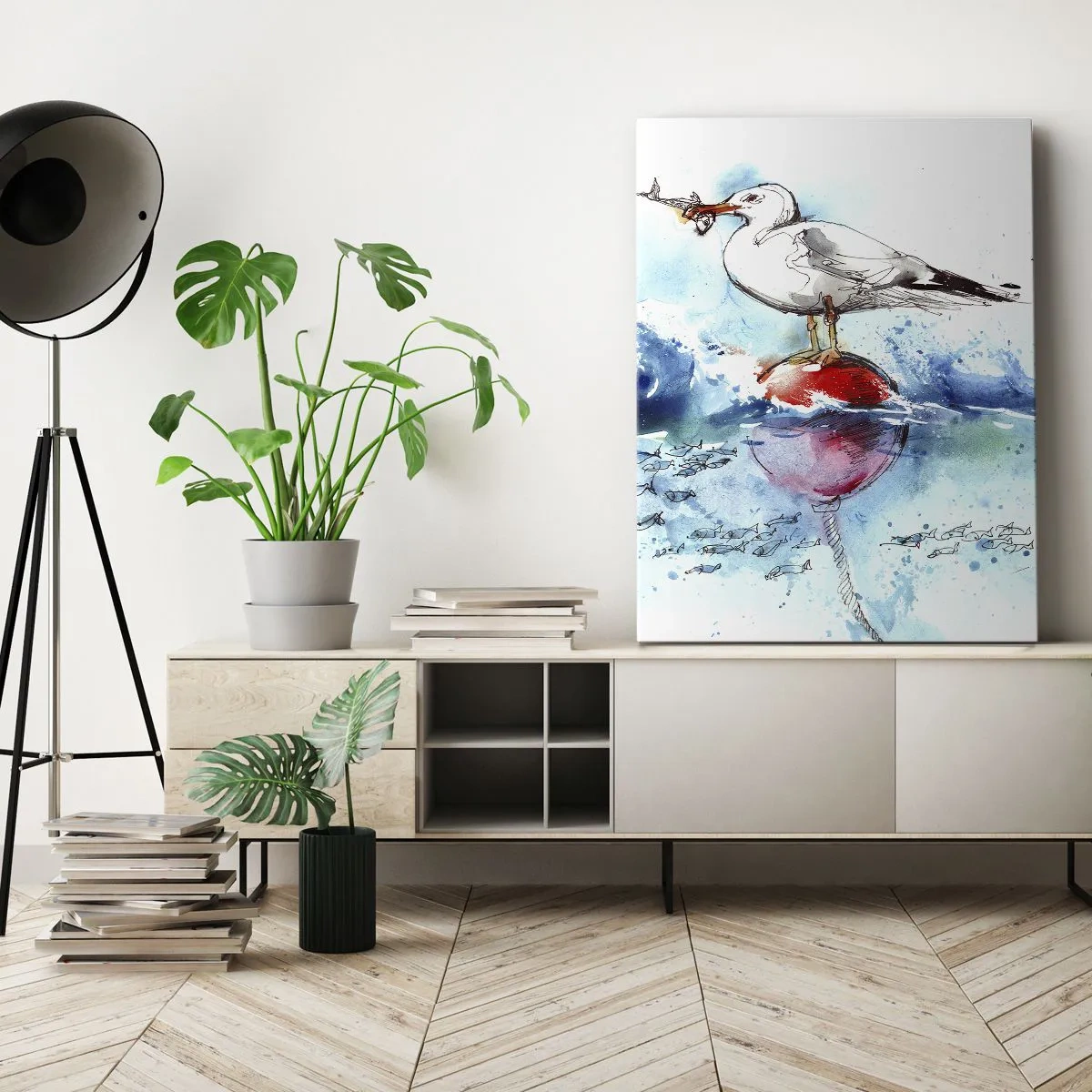 Impression sur toile - Image sur toile - Mouette sur une bouée avec des poissons en arrière-plan dans un style aquarelle - 50x70cm - Prise réussie - Décoration murale moderne pour le salon et la chambre ARTTOR