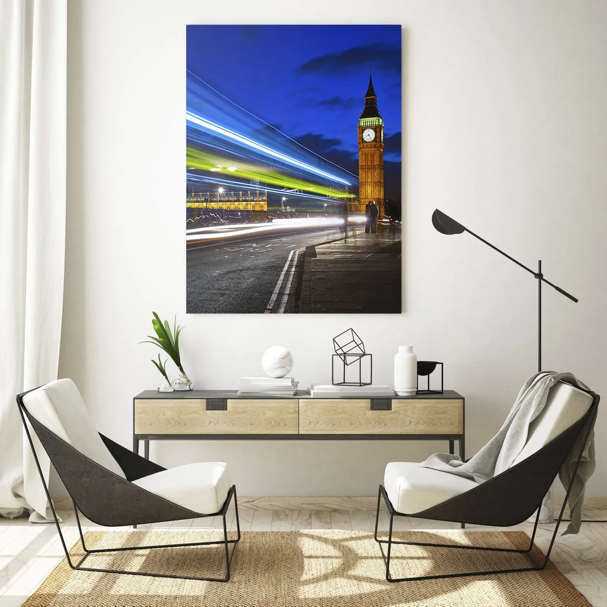 Impression sur verre - Image sur verre - Big Ben la nuit avec l'effet des lumières dans la circulation routière - 70x100cm - Sous l'œil de Big Ben - Décoration murale moderne pour le salon et la chambre ARTTOR
