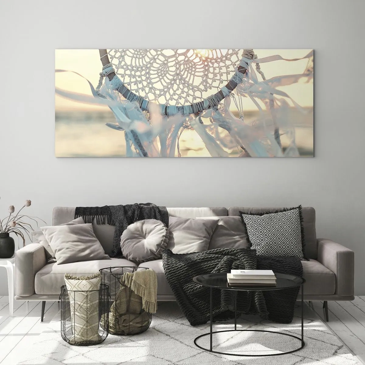 Impression sur verre - Image sur verre - Un attrape-rêves délicat sur fond de soleil couchant - 120x50cm - Totem en dentelle - Décoration murale moderne pour le salon et la chambre ARTTOR