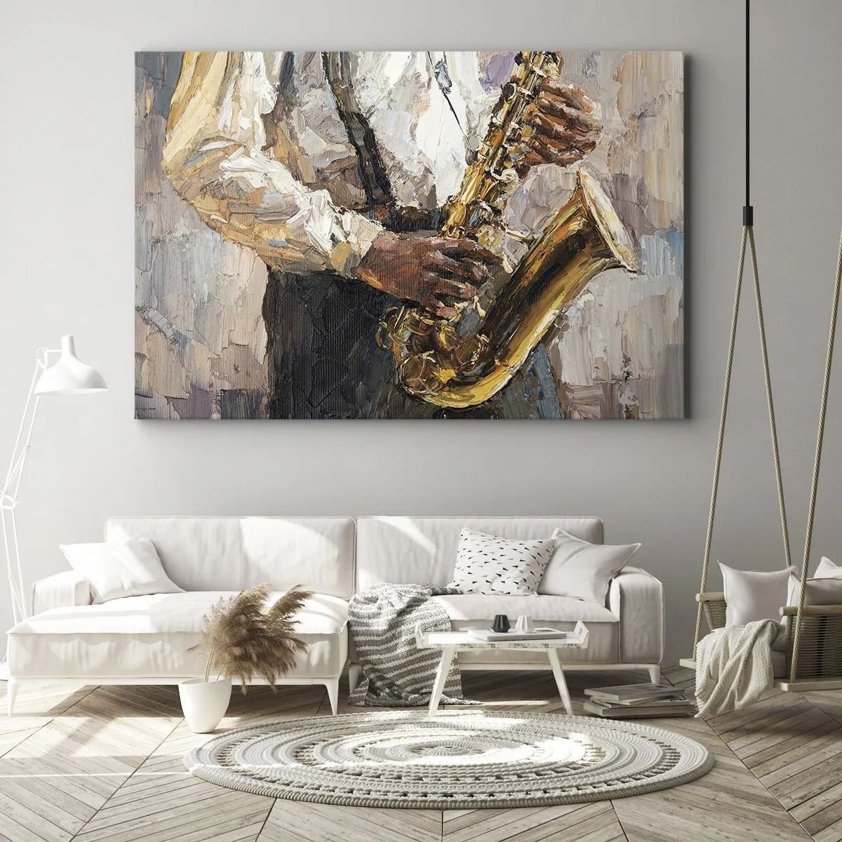 Impression sur toile - Image sur toile - Un musicien jouant du saxophone dans un style artistique - 120x80cm - C'est l'heure du solo - Décoration murale moderne pour le salon et la chambre ARTTOR