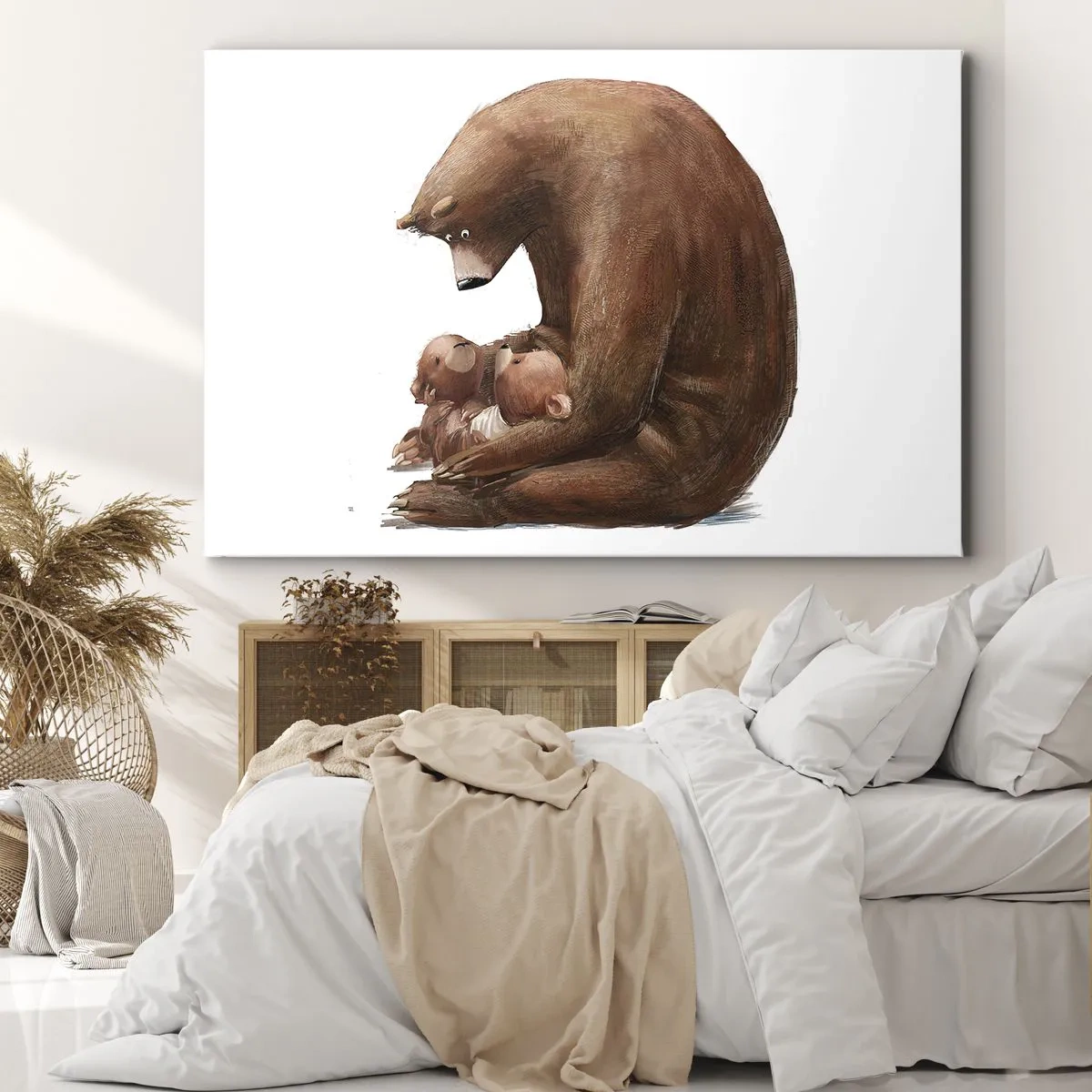 Impression sur toile - Image sur toile - Une mère ours avec deux petits ours dans ses bras - 120x80cm - Faites de beaux rêves les enfants - Décoration murale moderne pour le salon et la chambre ARTTOR