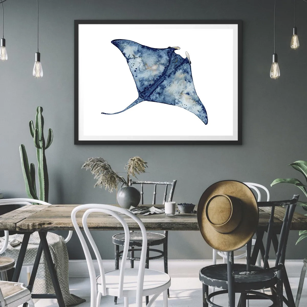 Affiche dans un cadre noir - Poster - Raie bleue à l'aquarelle sur fond blanc - 70x50cm - La vie en bleu - Décoration murale moderne pour le salon et la chambre ARTTOR
