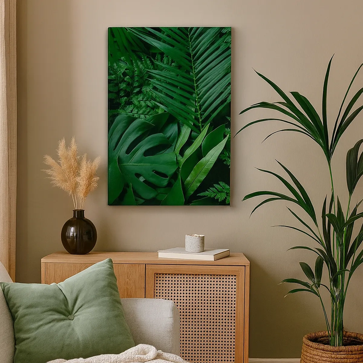 Impression sur toile - Image sur toile - Feuilles tropicales vertes dans une composition dense et naturelle - 50x70cm - Emmitouflé de verdure - Décoration murale moderne pour le salon et la chambre ARTTOR