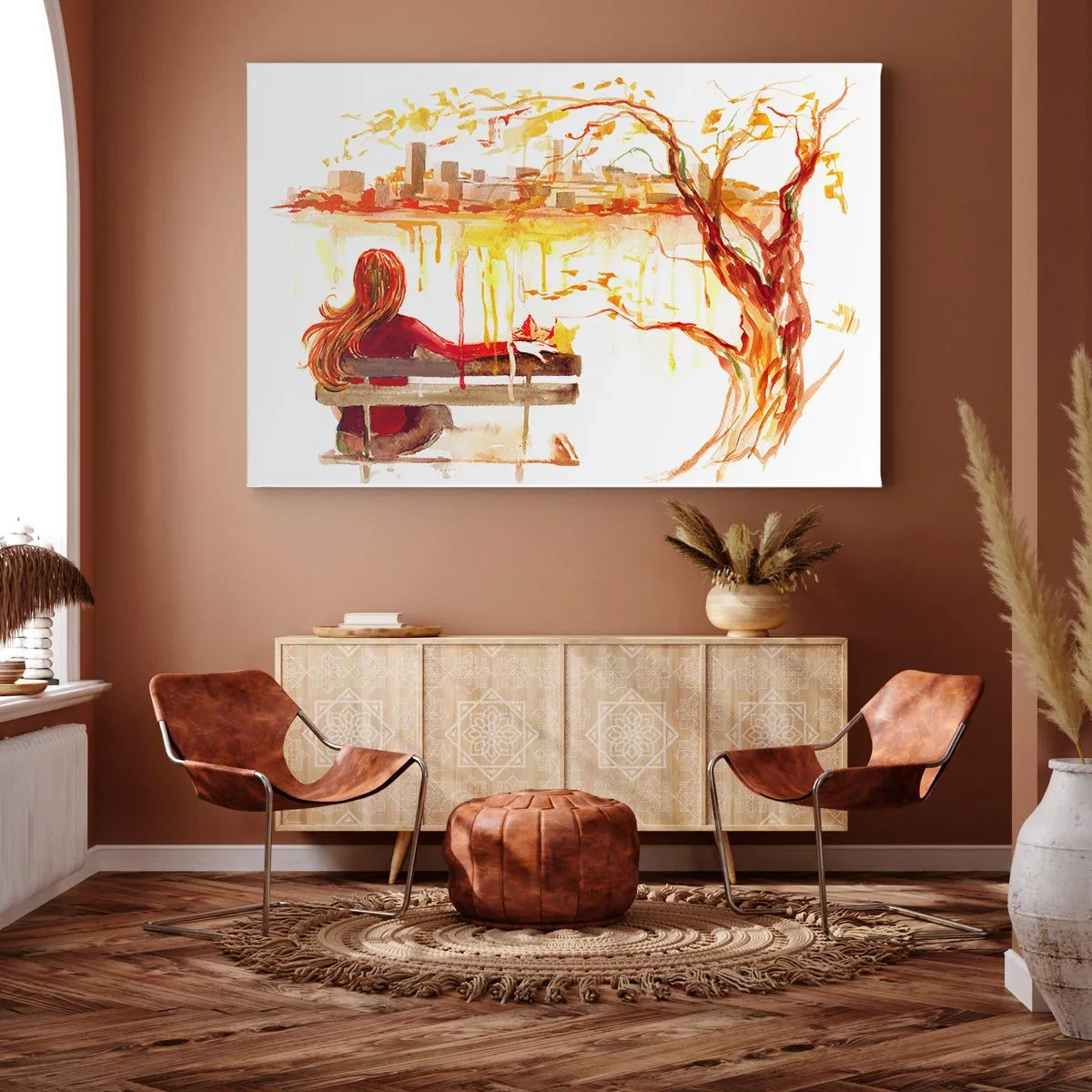 Impression sur toile - Image sur toile - Scène à l'aquarelle d'une femme sur un banc surplombant la ville - 120x80cm - Un moment de réflexion - Décoration murale moderne pour le salon et la chambre ARTTOR