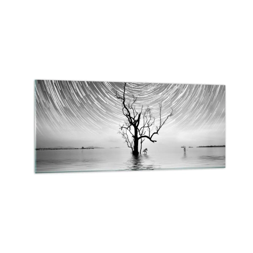 Impression sur verre - Image sur verre - Un arbre dans l'eau sous un ciel nocturne avec des étoiles en mouvement - 120x50cm - La symphonie de la nature - Décoration murale moderne pour le salon et la chambre ARTTOR