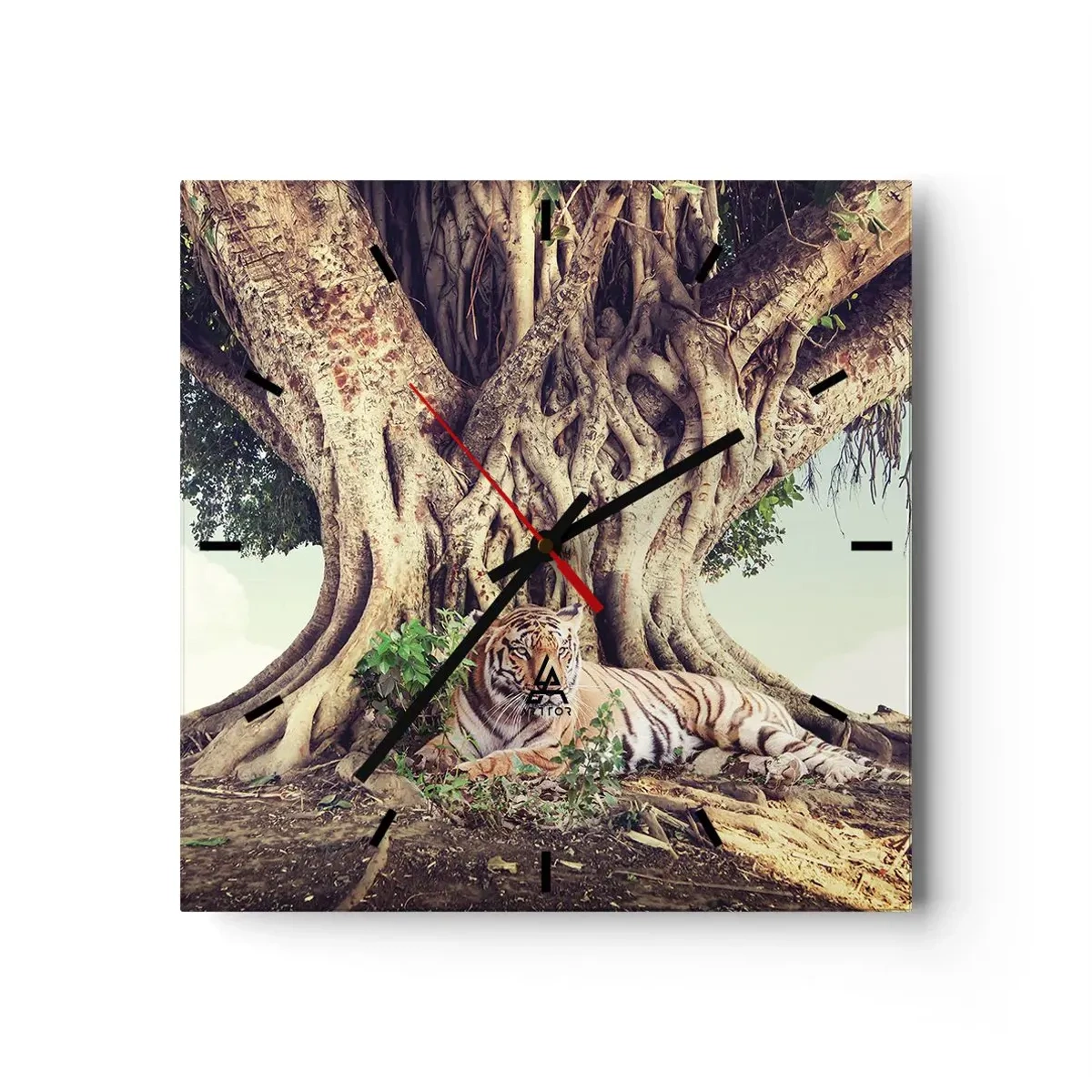 Horloge murale - Pendule murale - Un tigre se reposant sous un arbre étendu - 30x30cm - Vue du Livre de la Genèse - Décoration murale moderne pour le salon et la chambre ARTTOR