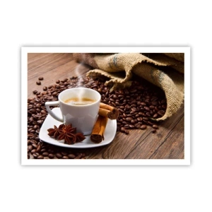 Affiche - Poster - Une tasse de café à la cannelle et à l'anis sur un fond de grains de café - 100x70cm - Saveur et arôme épicés - Décoration murale moderne pour le salon et la chambre ARTTOR