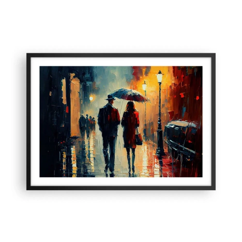 Affiche dans un cadre noir - Poster - Marcher sous la pluie sous un parapluie en ville la nuit - 70x50cm - Histoire d'amour urbaine - Décoration murale moderne pour le salon et la chambre ARTTOR