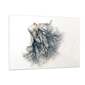 Impression sur verre - Image sur verre - Silhouette d'une femme avec des branches en guise de cheveux - 120x80cm - Écouter le murmure des arbres - Décoration murale moderne pour le salon et la chambre ARTTOR