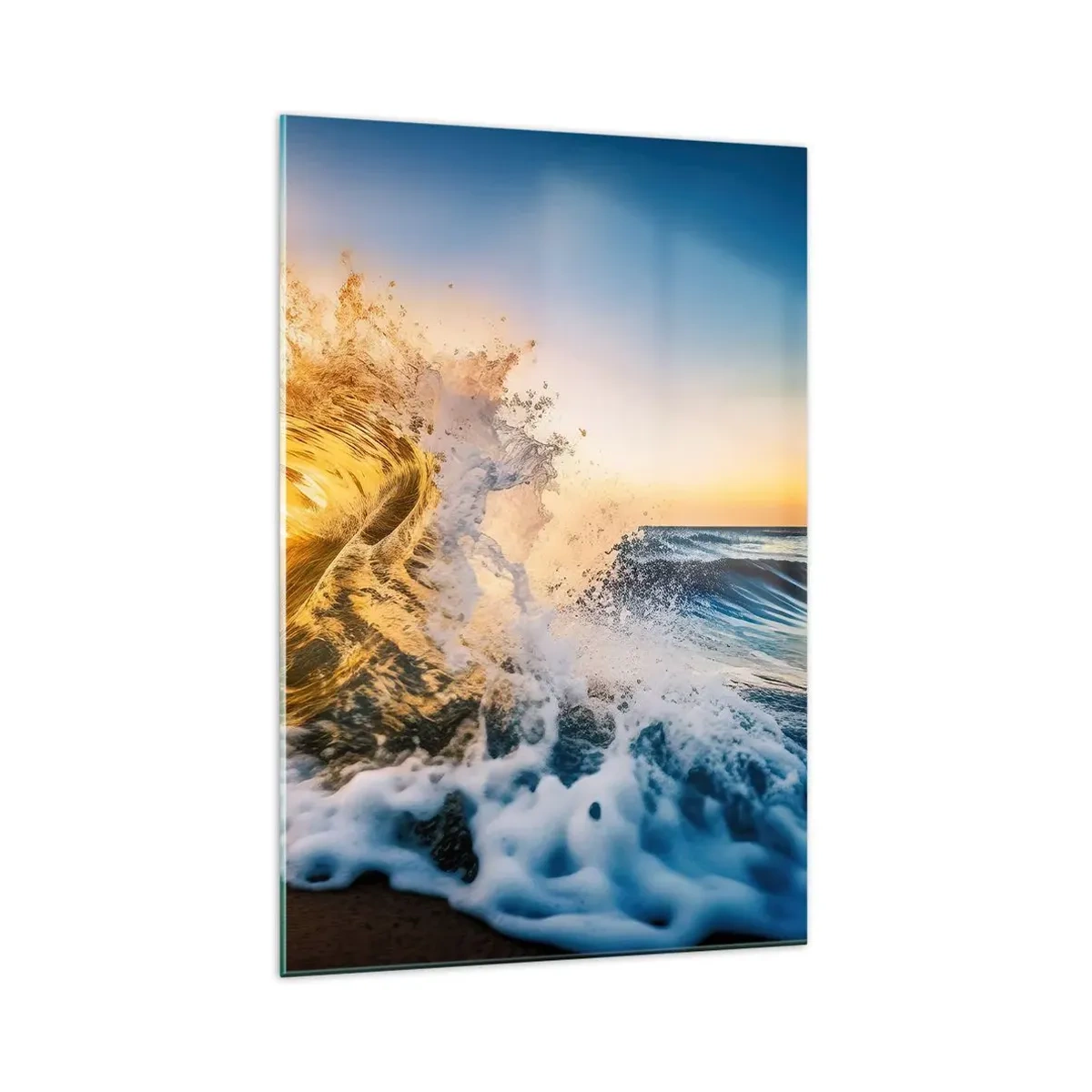 Impression sur verre - Image sur verre - Une vague dorée sur fond de soleil couchant - 70x100cm - S'amuser dans le sable - Décoration murale moderne pour le salon et la chambre ARTTOR