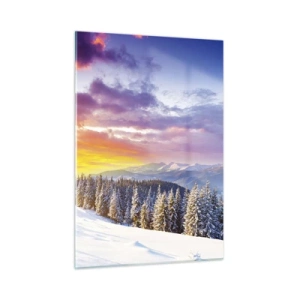 Impression sur verre - Image sur verre - Paysage de montagne d'hiver avec des arbres enneigés et un ciel coloré - 50x70cm - En pleine journée - Décoration murale moderne pour le salon et la chambre ARTTOR