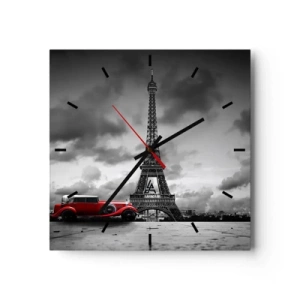 Horloge murale - Pendule murale - Voiture rétro rouge devant la Tour Eiffel en noir et blanc - 30x30cm - Il n'y a pas si longtemps à Paris - Décoration murale moderne pour le salon et la chambre ARTTOR