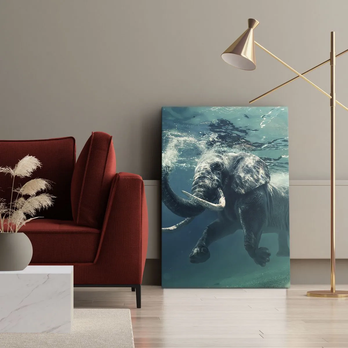 Impression sur toile - Image sur toile - Un éléphant nageant sous l'eau dans les profondeurs turquoise - 80x120cm - Tout le monde aime nager - Décoration murale moderne pour le salon et la chambre ARTTOR