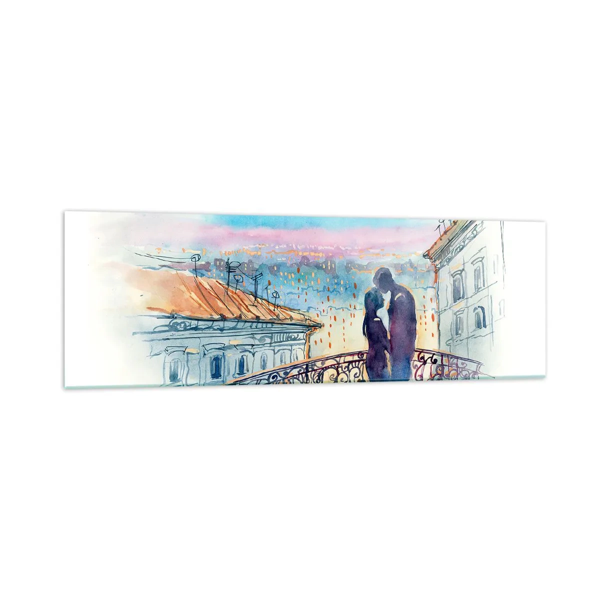 Impression sur verre - Image sur verre - Couple romantique sur un balcon avec vue sur la ville - 160x50cm - Amoureux de Paris - Décoration murale moderne pour le salon et la chambre ARTTOR