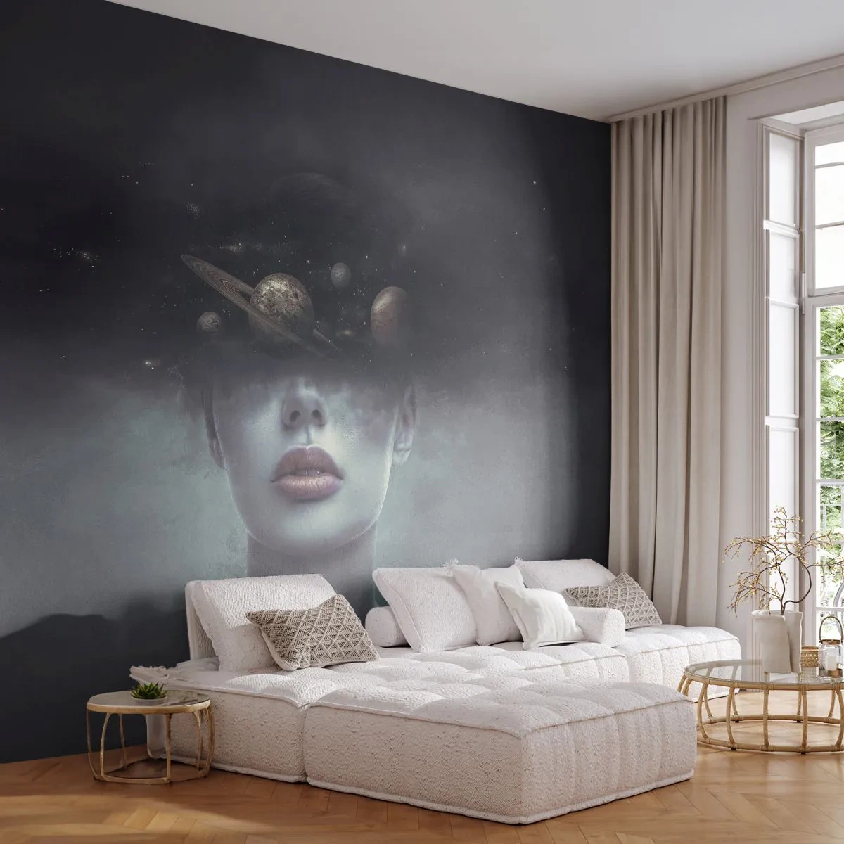 Papier Peint Photo Premium Sand - Portrait mystérieux d'une femme avec des planètes dans le brouillard - 100x70cm - Et les planètes deviennent folles... - Décoration murale moderne pour le salon et la chambre ARTTOR