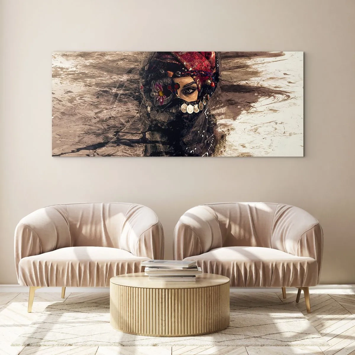 Impression sur verre - Image sur verre - Portrait artistique d'une femme en tenue orientale sur fond abstrait. - 160x50cm - Inquiétant, c'est le moins qu'on puisse dire - Décoration murale moderne pour le salon et la chambre ARTTOR