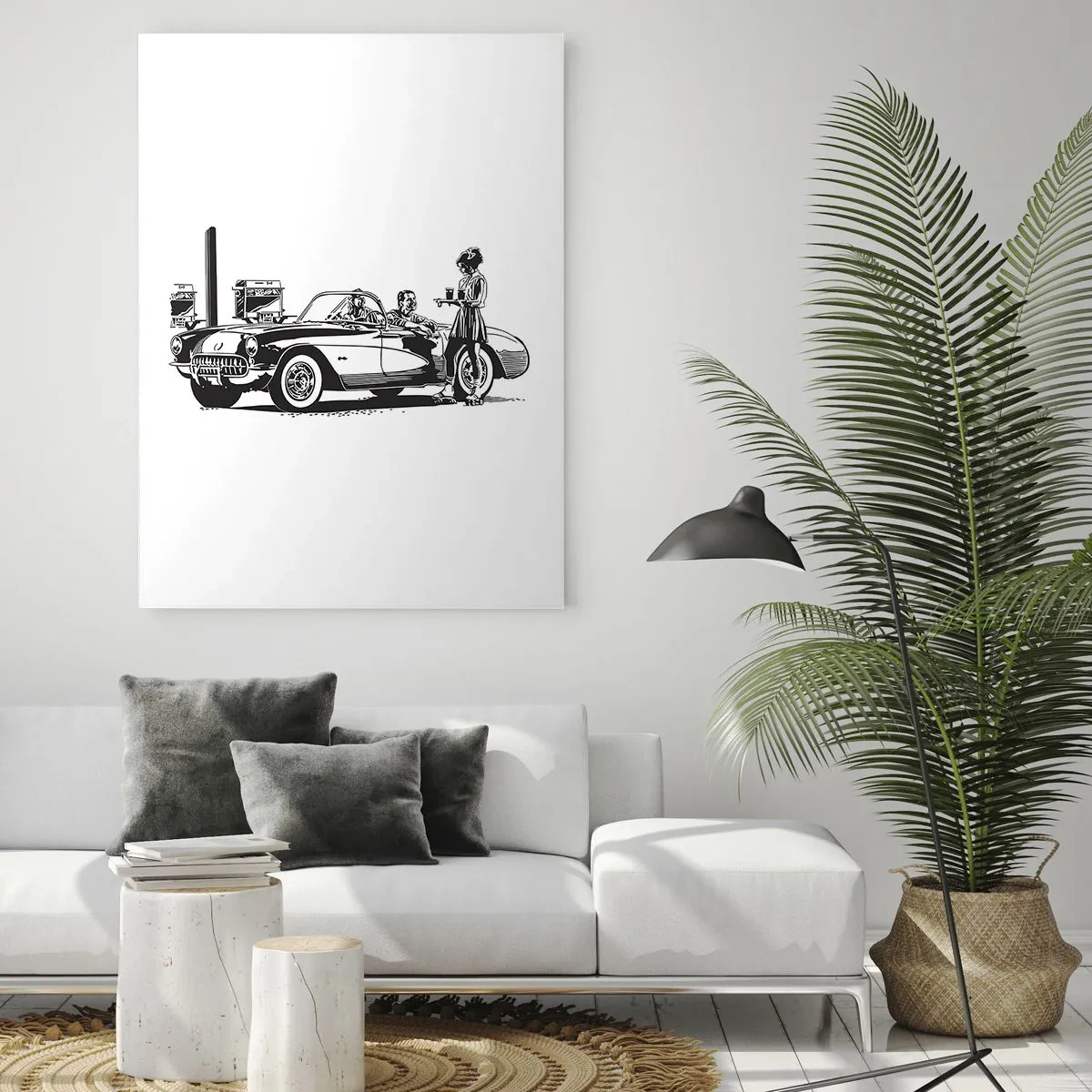 Impression sur verre - Image sur verre - Une scène rétro en noir et blanc avec une voiture et une serveuse en patins à roulettes. - 80x120cm - 60's - Amérique insouciante - Décoration murale moderne pour le salon et la chambre ARTTOR