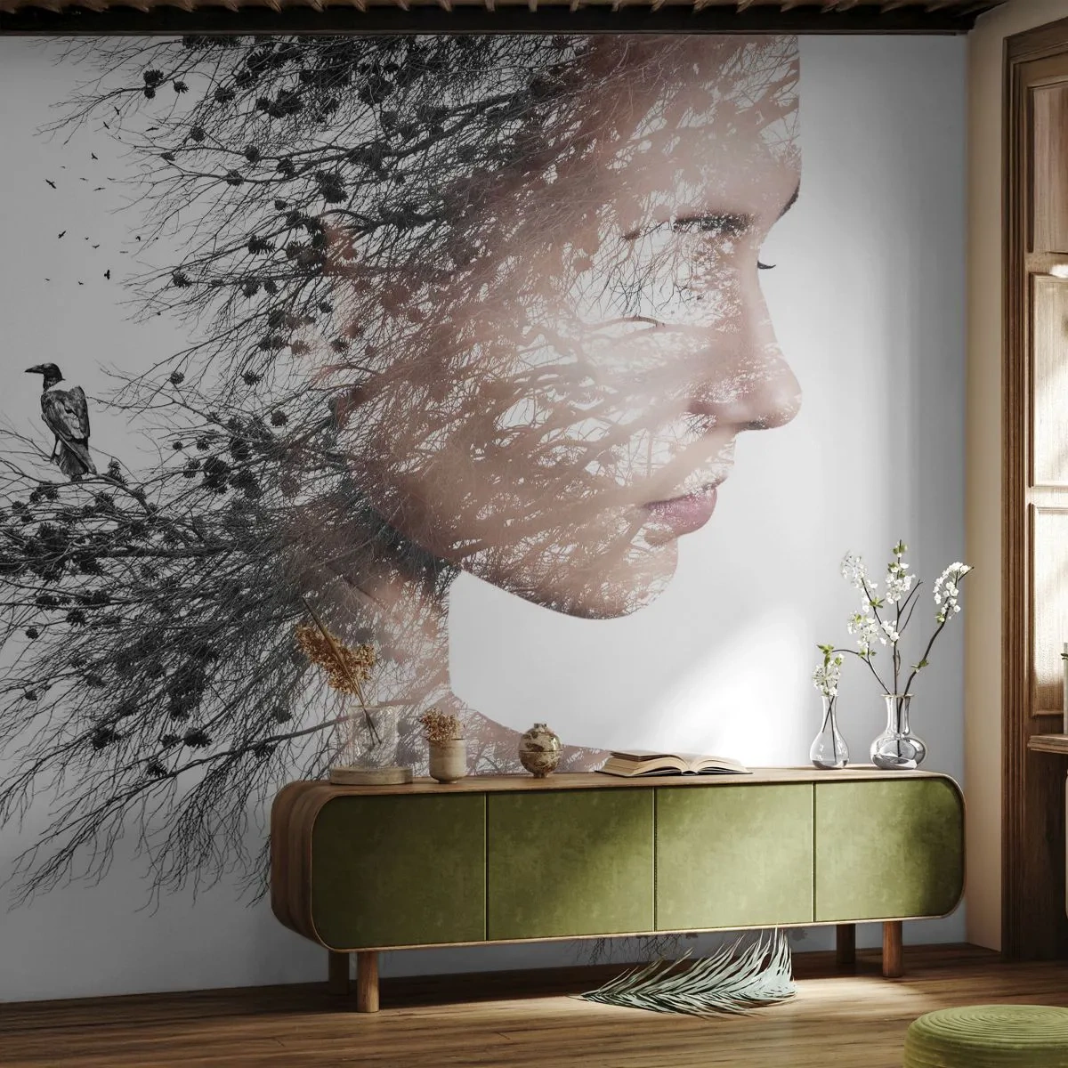 Papier Peint Autocollant Deluxe Sticker - L'âme de la forêt - Abstraction, Visage de femme, Arbre - 500x350 cm