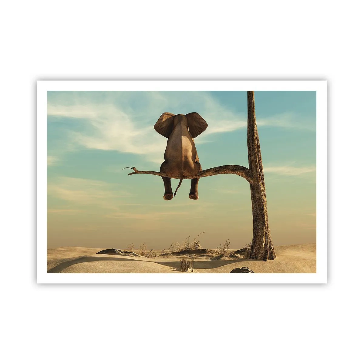 Affiche - Poster - Un éléphant assis sur une branche surplombant un paysage désertique - 100x70cm - Nouveau point de vue - Décoration murale moderne pour le salon et la chambre ARTTOR