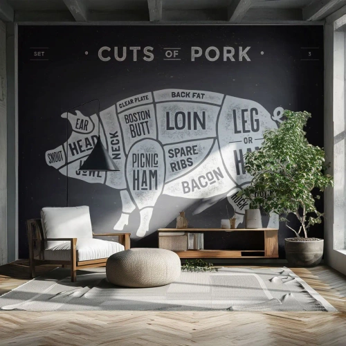 Papier Peint Autocollant Deluxe Sticker - L'art de la découpe - La gastronomie, Animal Cochon, Porc - 500x350 cm