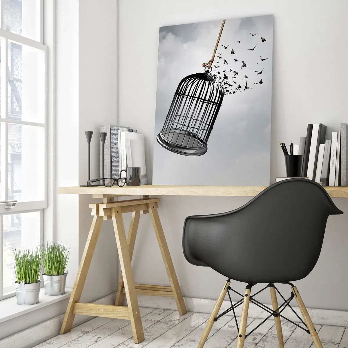 Impression sur verre - Image sur verre - Des oiseaux s'envolent d'une cage dans le ciel - 70x100cm - Foie...Espoir...Liberté! - Décoration murale moderne pour le salon et la chambre ARTTOR