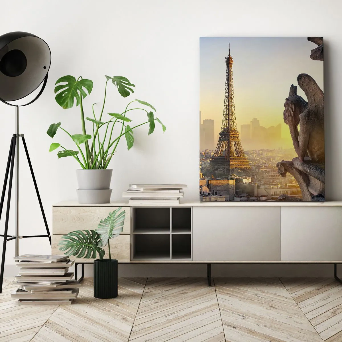 Impression sur toile - Image sur toile - Vue de la Tour Eiffel avec des gargouilles en arrière-plan - 70x100cm - Tellement de choses ont changés... - Décoration murale moderne pour le salon et la chambre ARTTOR